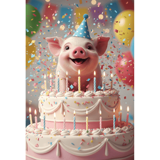 Lenticular pig in cake birthday card from Cardmore featuring colorful cake and playful pig illustration for special occasions.