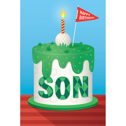 Pictura golf-themed birthday card for son, featuring a playful golf cake design, perfect for celebrating a special occasion.