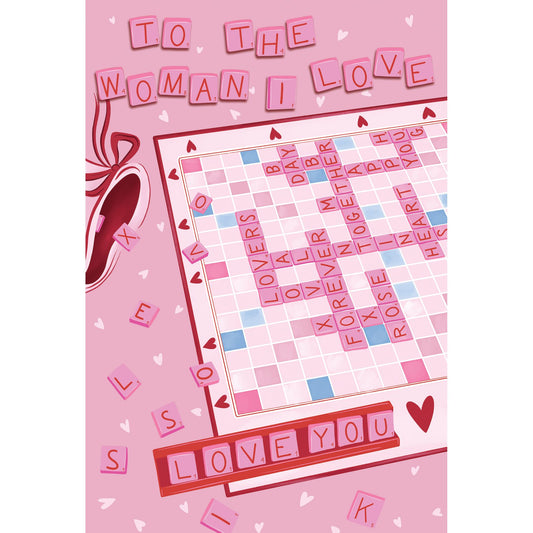 Pictura Love Scrabble Valentine's Day card featuring a woman with “I Love” message and letter tiles