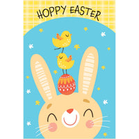 Easter card featuring adorable bunny and chicks design by Omega Industry Co., LTD, with colorful spring-themed illustrations.