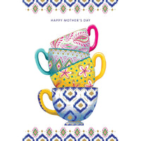 Mother's Day card featuring teacups design by Pictura, with colorful illustrations of teacups on the front.