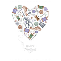 Pictura Sewing Heart Mother's Day card featuring a stitched heart design on a white background with floral accents.