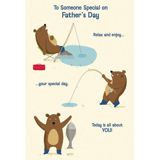 Fishing Bear Father's Day card by Pictura featuring a cute bear holding a fishing rod for a heartfelt celebration.