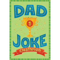 Father's Day card featuring a humorous dad joke, designed by Omega Industry Co., LTD, with colorful cartoon illustrations.