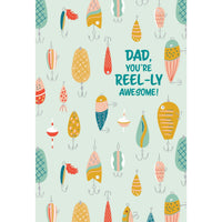 Father's Day fishing lure card featuring colorful fishing lures and a Father's Day message, by Omega Industry Co., LTD.