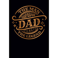 Father's Day card featuring "Man Myth Legend" design by Omega Industry Co., LTD, with bold typography and celebratory graphics.