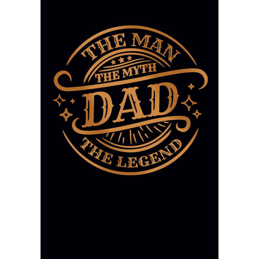 Father's Day card featuring "Man Myth Legend" design by Pictura, with bold text and decorative elements for celebrating dads.