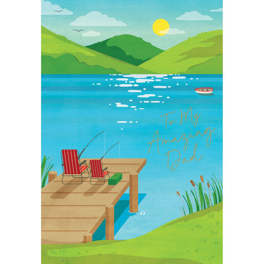 Pictura Father's Day fishing dock card featuring a scenic lakeside view with a boat and fishing gear, perfect for celebrating dads.