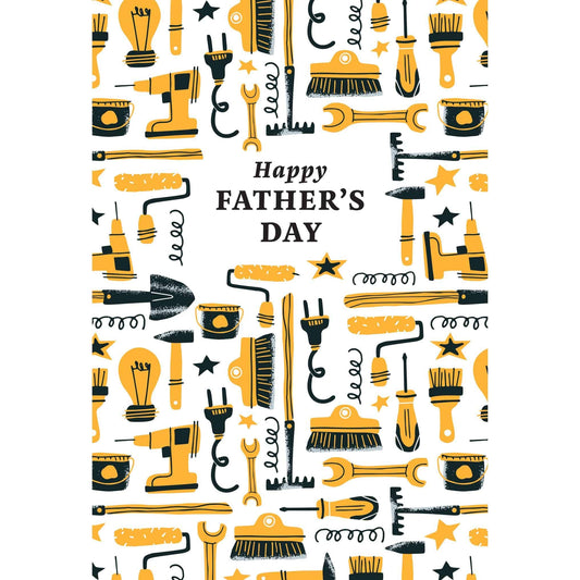 Father's Day card from Pictura with tools design, featuring a heartfelt message and colorful illustrations for celebrating dad.
