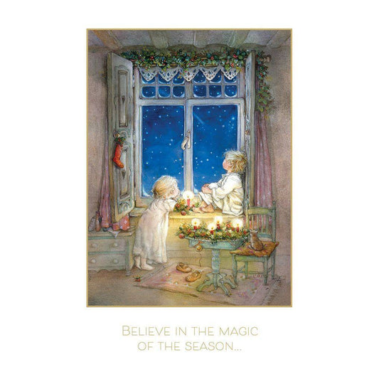 Boy and girl looking out window on Christmas card by Pictura, featuring festive holiday scene with winter landscape and snow.