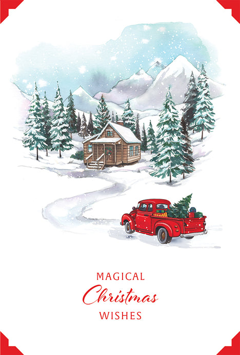 Red Truck Driving To Cabin Christmas Card