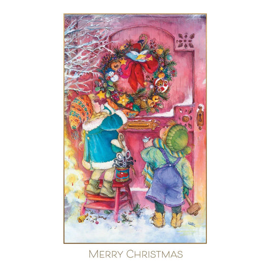 Children decorating a festive Christmas card with colorful markers, celebrating the seasonal activity by Pictura.