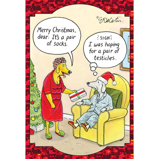 Seasonal Christmas card featuring a pair of socks illustration by Eric Decetis, branded by Pictura.
