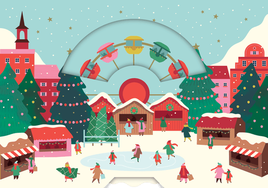 Pictura Village Scene Christmas Card featuring a festive winter village with snow-covered houses and holiday decorations.