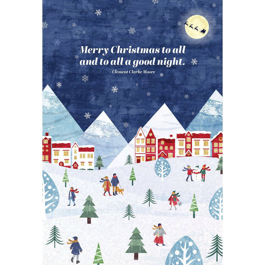 Pictura nighttime snow scene Christmas card featuring a festive winter landscape with snow-covered trees and holiday cheer.