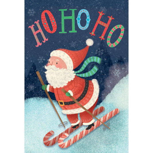 Pictura seasonal Christmas card featuring Santa skiing in a festive winter scene with holiday decorations and snowy landscape.
