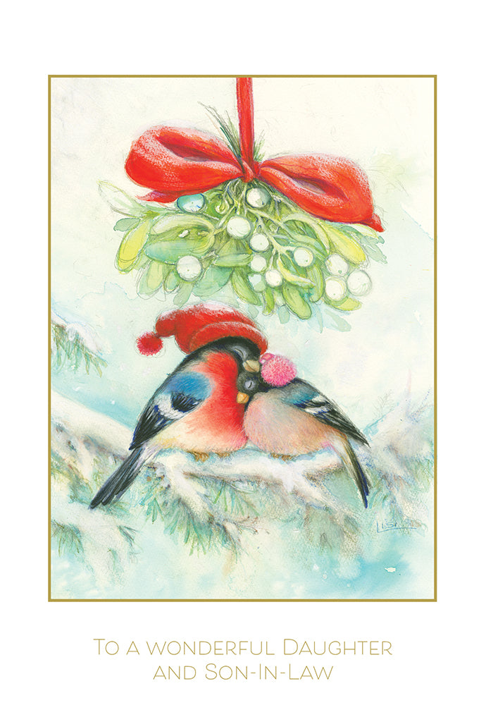 Birds Snuggling Under Mistletoe Christmas Card Daughter & Family