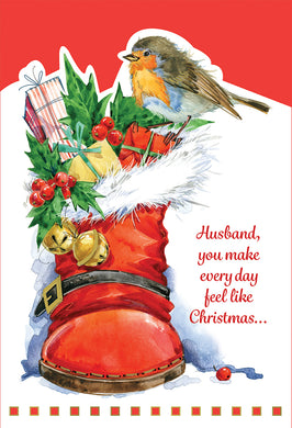 Bird On Red Boot Christmas Card Husband