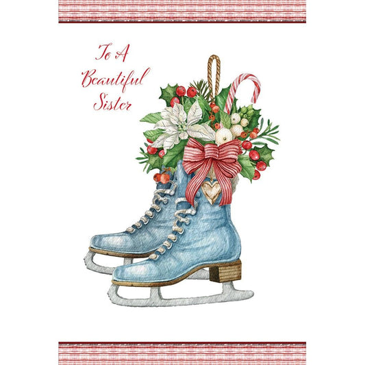 Pictura Christmas card featuring an illustration of ice skates, designed for sisters, with festive holiday theme.