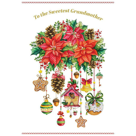 Pictura Christmas card featuring a poinsettia with hanging ornaments, designed for grandmothers, festive holiday greeting.