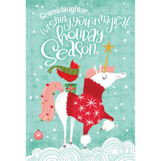 Colorful unicorn Christmas card for granddaughter by Pictura featuring festive holiday design and cheerful holiday greeting.