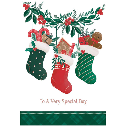 Seasonal Christmas card featuring three stockings with a boy illustration, by Pictura, suitable for holiday greeting messages.