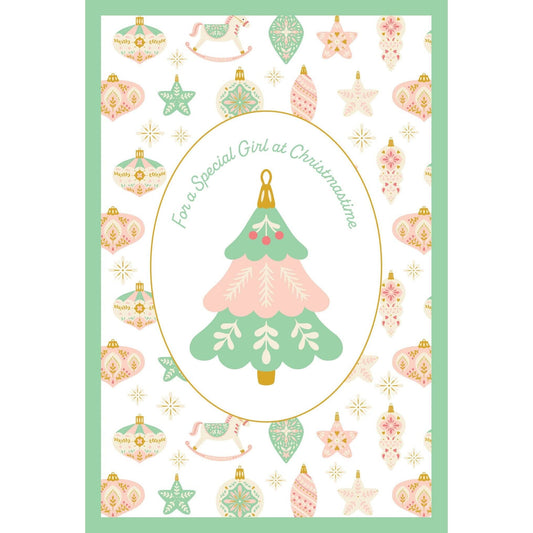 Pictura seasonal Christmas card featuring delicate ornaments and a special girl illustration, perfect for holiday greeting messages.