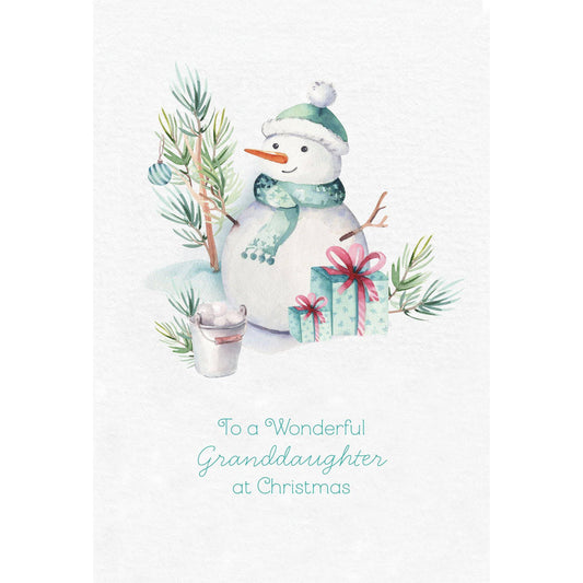 Watercolor snowman Christmas card for granddaughter by Pictura featuring festive holiday artwork.