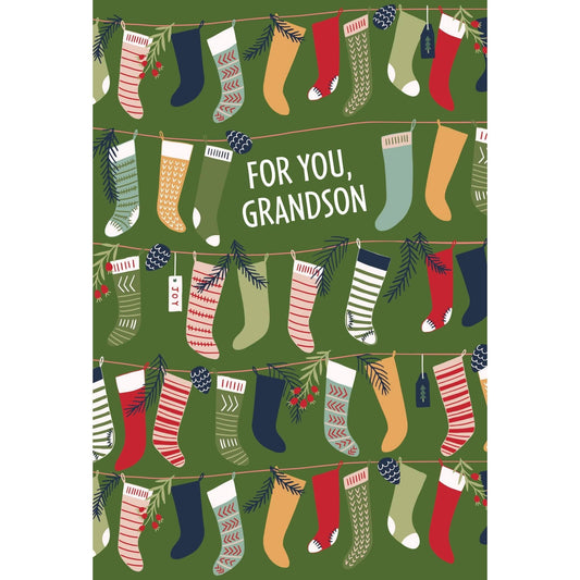 Pictura Christmas card featuring bunches of stockings and a festive design, perfect for greeting a grandson during the holiday season.