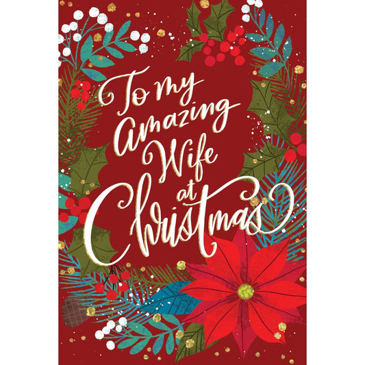 Seasonal Christmas card featuring poinsettia design for wife by Pictura, with festive holiday imagery and elegant lettering.