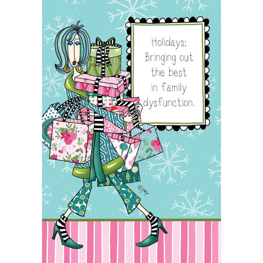 Family Dysfunction Christmas Card featuring a humorous illustration of a sister, seasonal greeting from Pictura.