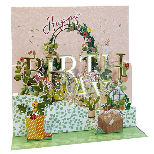 Pictura Bucolic Birthday large pop-up card featuring a scenic countryside design with vibrant floral and nature elements.