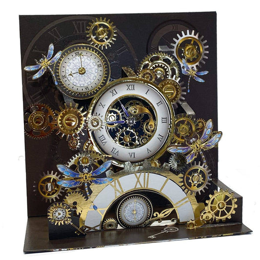 Pictura Clockwork large pop-up card featuring intricate mechanical clock design with colorful paper details.
