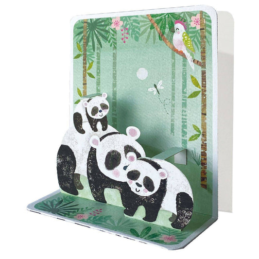 Pictura Pandas small pop-up card featuring a colorful panda illustration with intricate paper fold details.