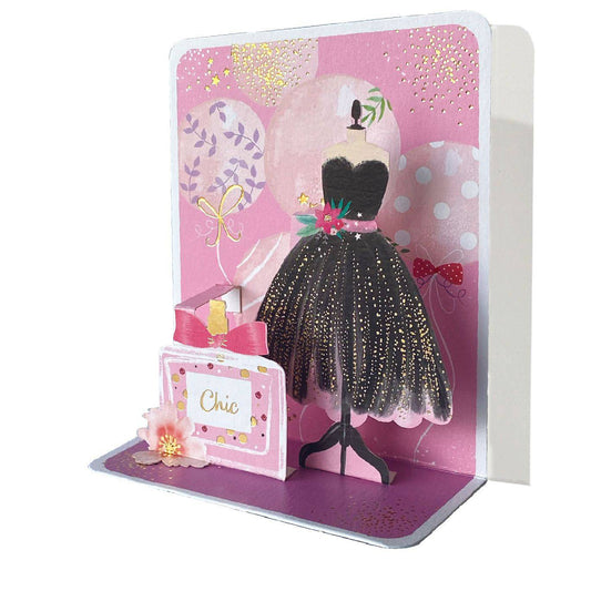 Pictura chic black dress small pop-up card featuring detailed paper craft design with elegant fashion style.
