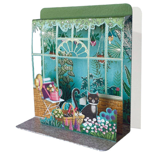 Pictura Cat in Garden small pop-up card featuring a colorful cat figure in a garden scene with vibrant floral details