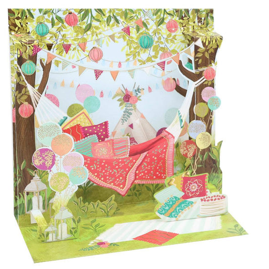 Pictura large hammock relaxation pop-up card with detailed 3D paper design, perfect for sending relaxing greetings.