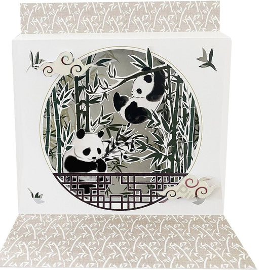 Pictura pandas large pop-up card featuring colorful paper pandas in a playful scene, designed for celebrating special occasions.