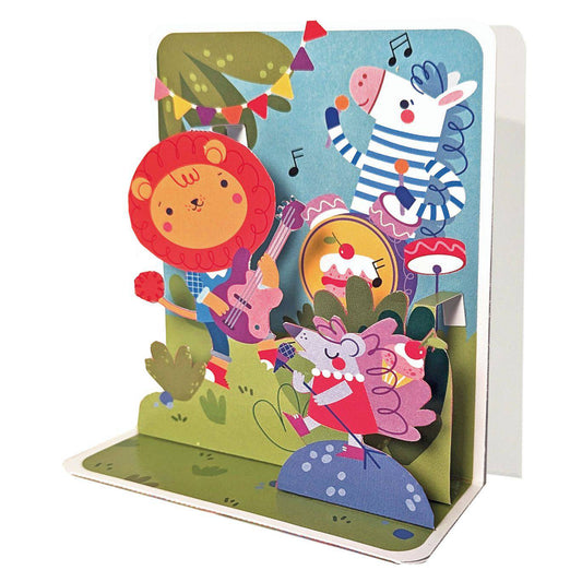 Colorful pop-up card featuring animals and musical instruments from Pictura, with vibrant illustrations and three-dimensional design.