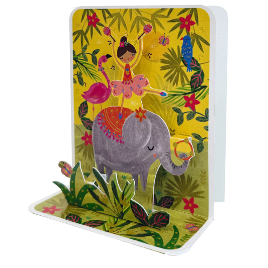 Pictura Dancer on Elephant small pop-up card featuring a colorful paper dancer and elephant design with intricate details.