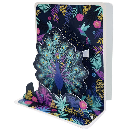 Pictura Peacock Small Pop Up Card featuring a colorful, detailed paper peacock with intricate fold-out design.