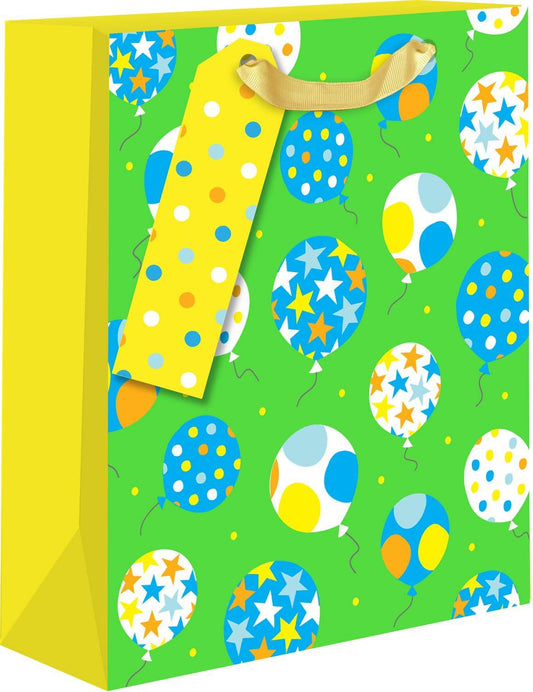 Blue and yellow balloon-themed medium gift bags by Pictura, featuring colorful, festive paper shopping bags with handles.