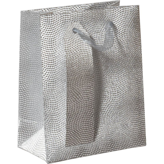 Silver glitter dots small gift bags by AB PICTURA with handles, perfect for gift wrapping or party favors.