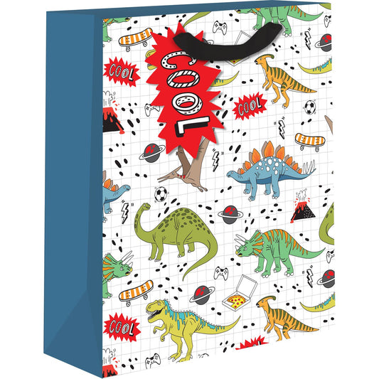 Medium AB PICTURA Dino gift bag with colorful dinosaur design, perfect for party favors or gift wrapping.