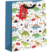 Large Dino-themed gift bag by AB PICTURA featuring colorful dinosaur illustrations and spacious design for gifting.