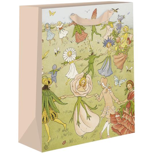 Medium gift bags featuring Dancing Flower Elsa Beskow design by AB PICTURA with colorful floral illustrations.