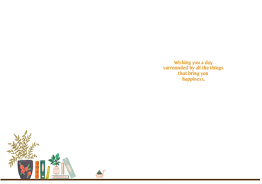 Decorated Shelves birthday card by Pictura, featuring colorful illustrated shelves with birthday presents and decorations.