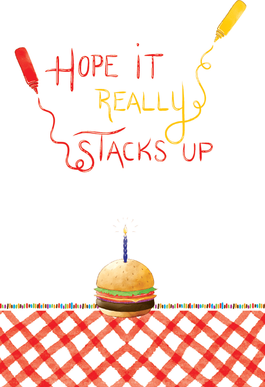 Colorful burger birthday card from Pictura featuring playful design, perfect for celebrating birthdays with fun and creativity.