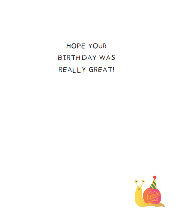 Colorful Tortoise and Snail belated birthday card by Pictura featuring whimsical animal illustrations on an everyday greeting card.