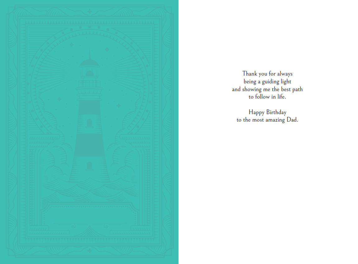 Pictura Lighthouse Birthday Card for Father featuring a lighthouse illustration, suitable for celebrating birthdays with a nautical theme.
